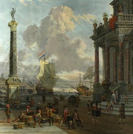 Southern harbour scene with merchants, Abraham Storck